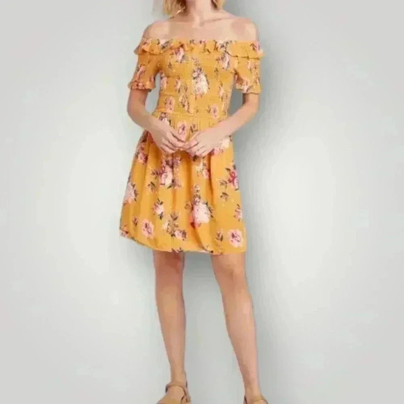 Xhilaration Yellow Floral Print Ruffled Smocked Bodice Off-Shoulder Mini Dress - Picture 2 of 14